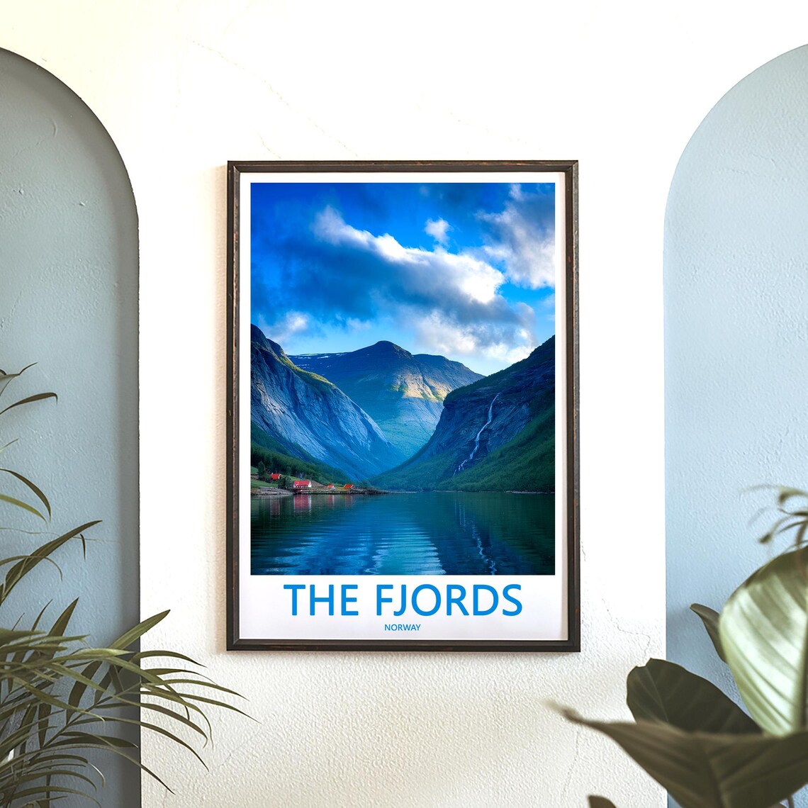 The Fjords Norway Waterfall Valley Red Cabins Photo Travel Poster - Image 3