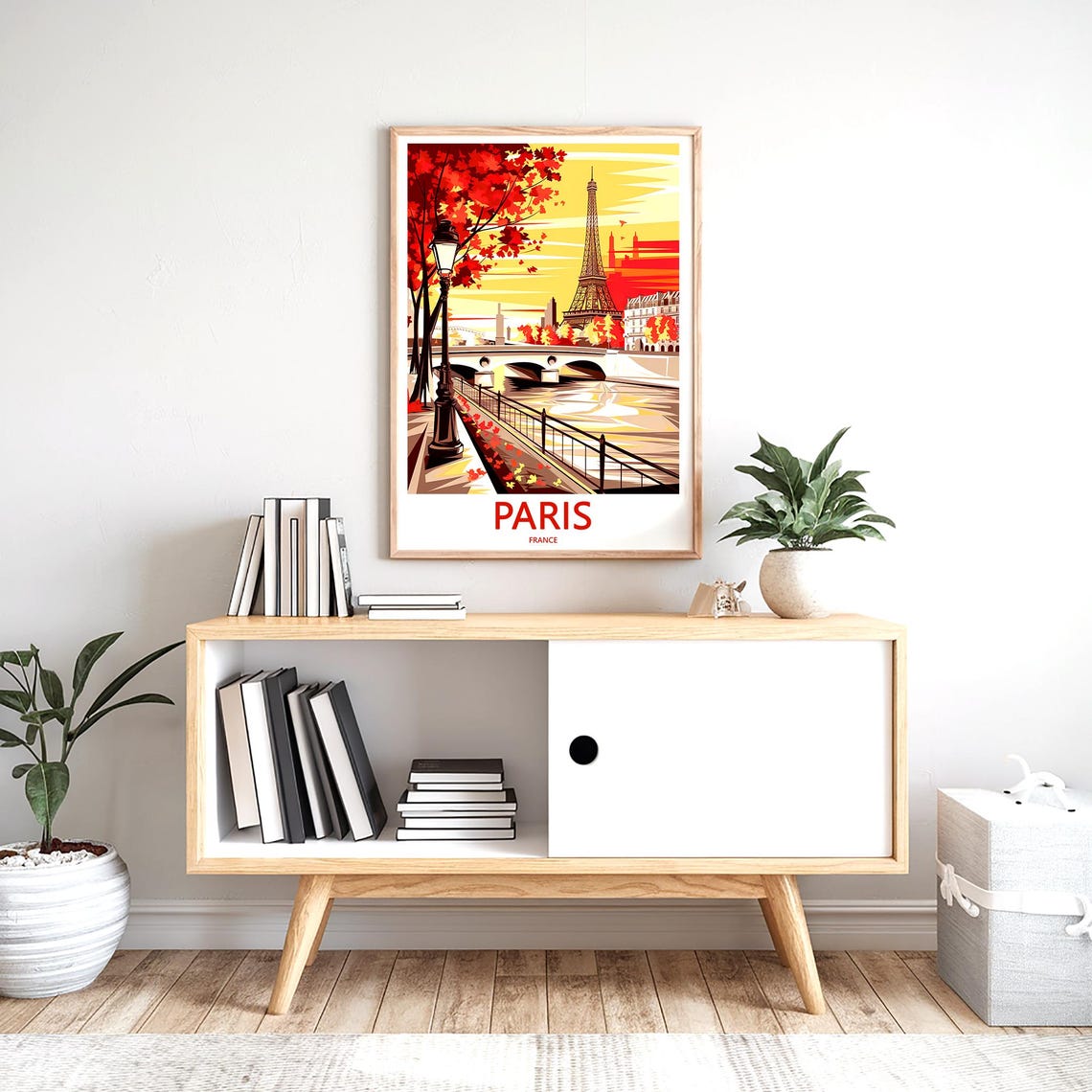 Eiffel Tower and Red Autumn Leaves Over the Seine Fall Glow Poster - Image 2