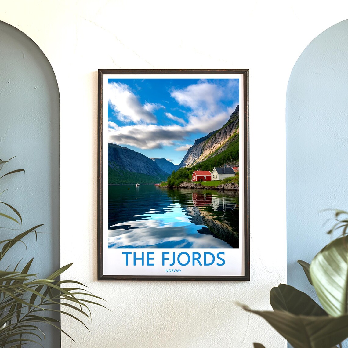 Norwegian Fjords Lakeside Village With Red Cabins Norway Travel Poster - Image 3