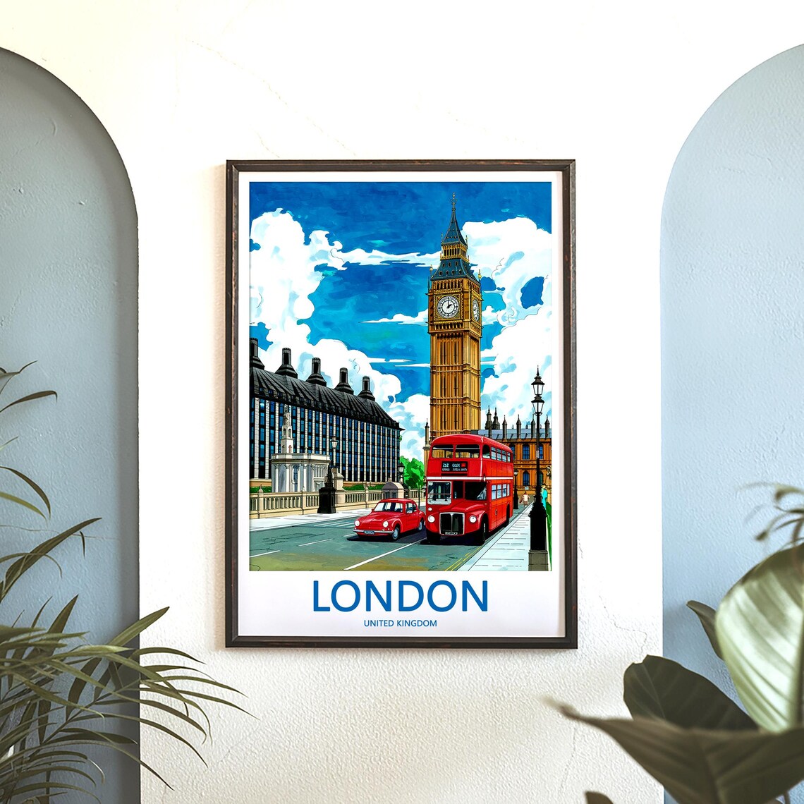 London Big Ben Vintage Routemaster Bus and Classic Red Car Poster - Image 3