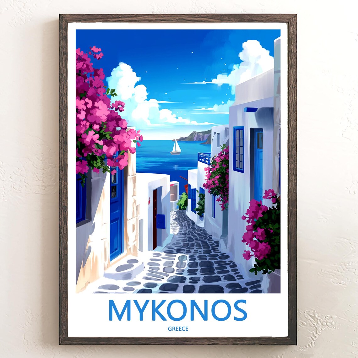 Mykonos Close-Up of Traditional Windmill with Blue-Domed Church Poster