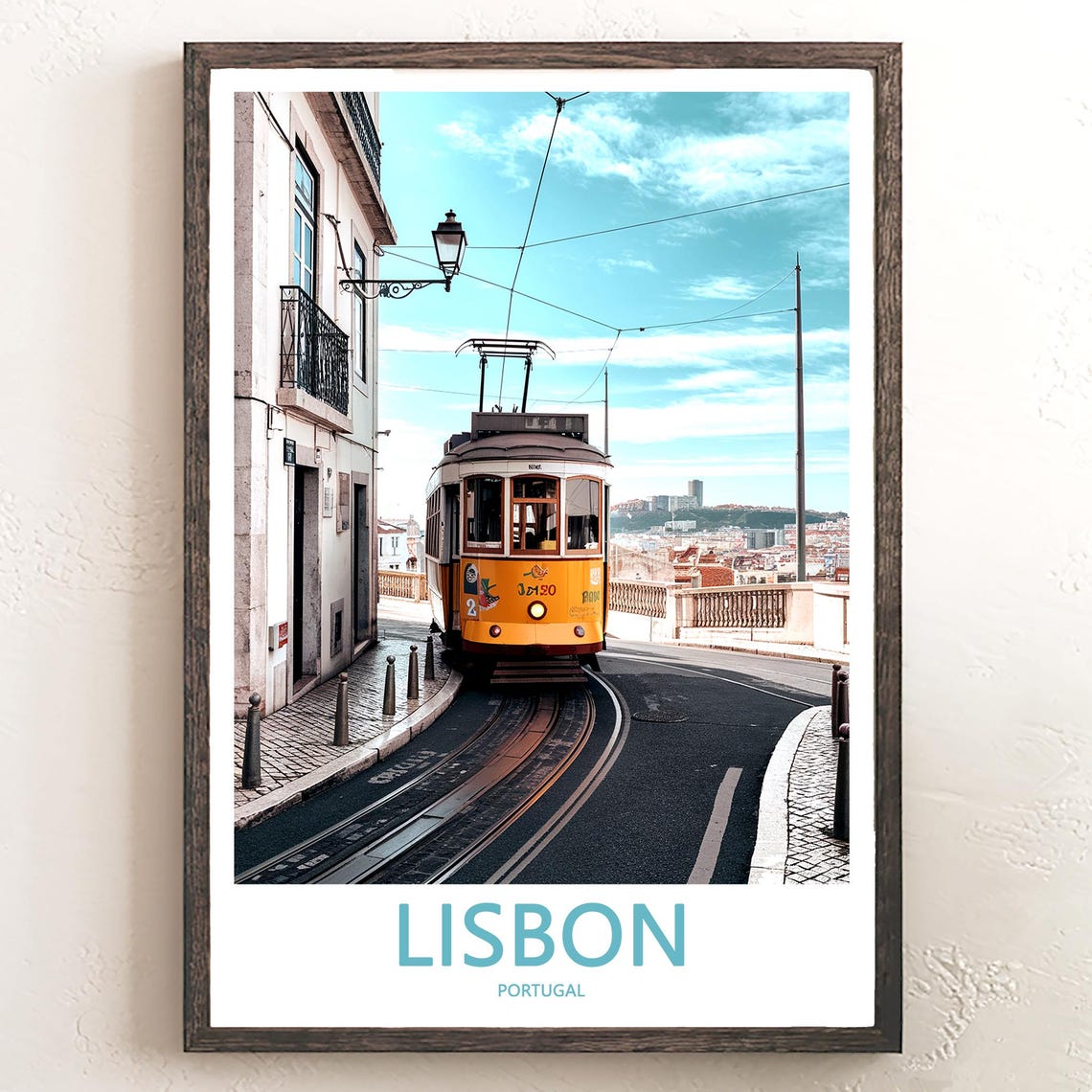 Lisbon Yellow Tram 123 on a Curving Street With Hill View Poster