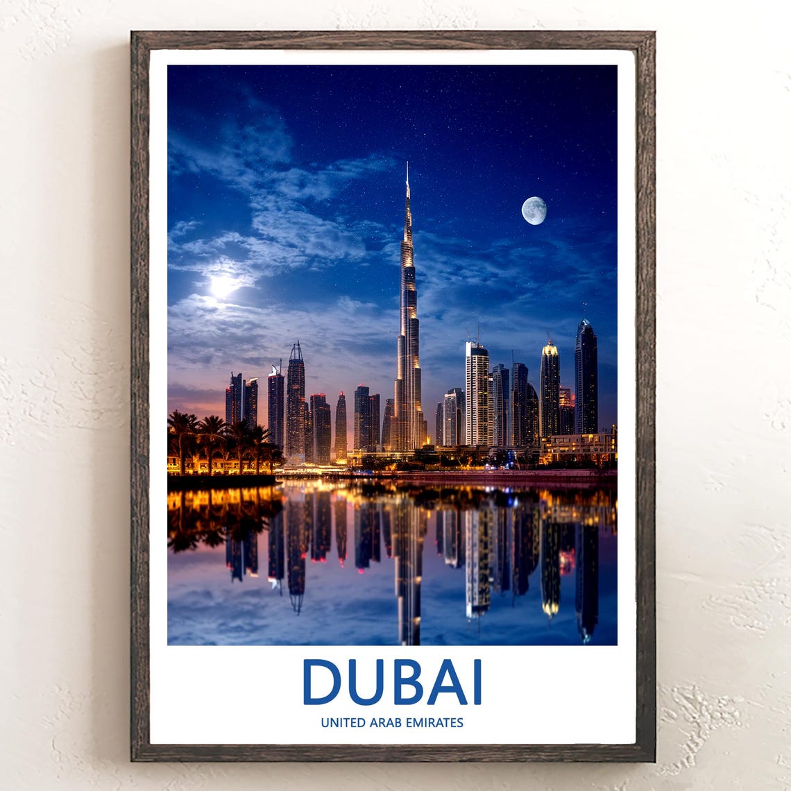Dubai Burj Khalifa Midnight Moon with Deep Blue Reflection Poster