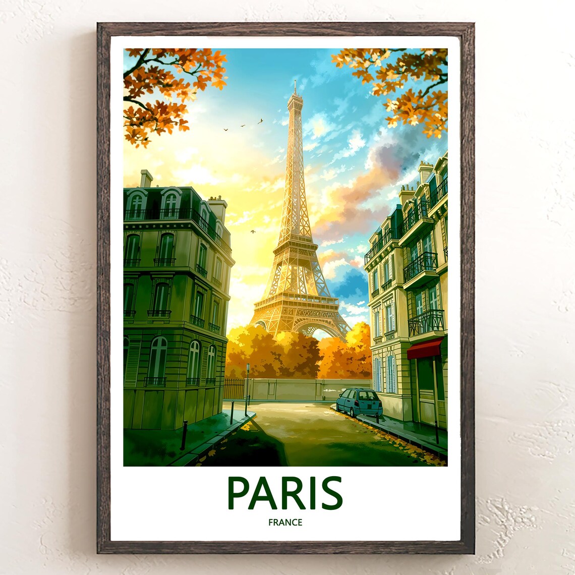 Eiffel Tower Golden Autumn Avenue Blue Car Paris Travel Poster