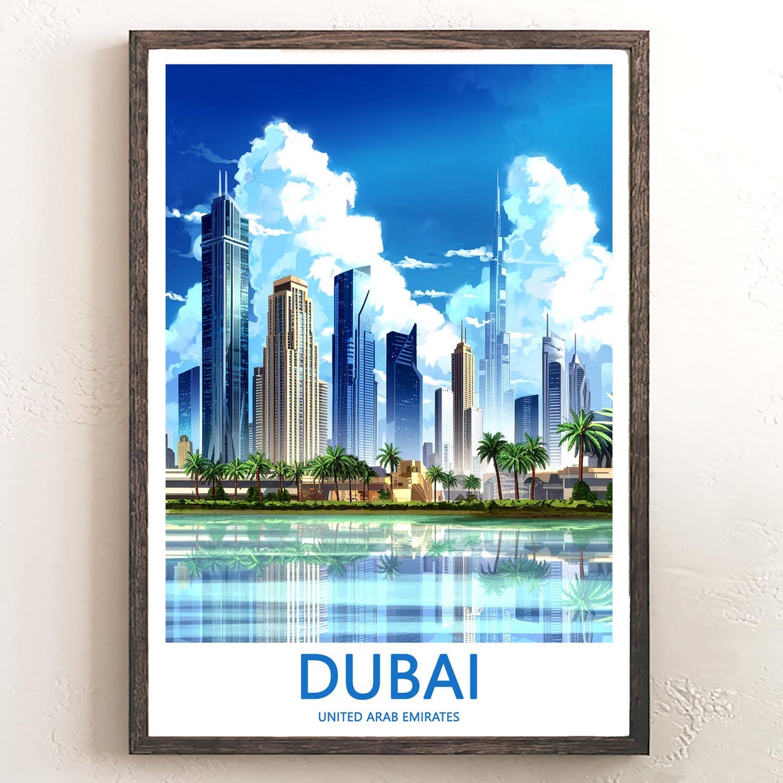 Dubai Burj Khalifa Daytime Skyline with Palm Trees Lakeside Poster