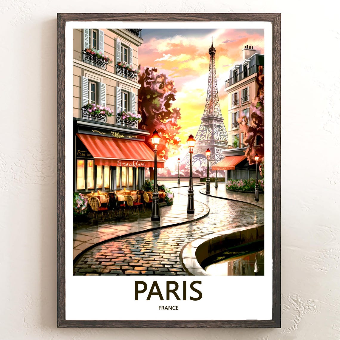 Eiffel Tower Breakfast Cafe Red Awning Sunset Paris France Poster