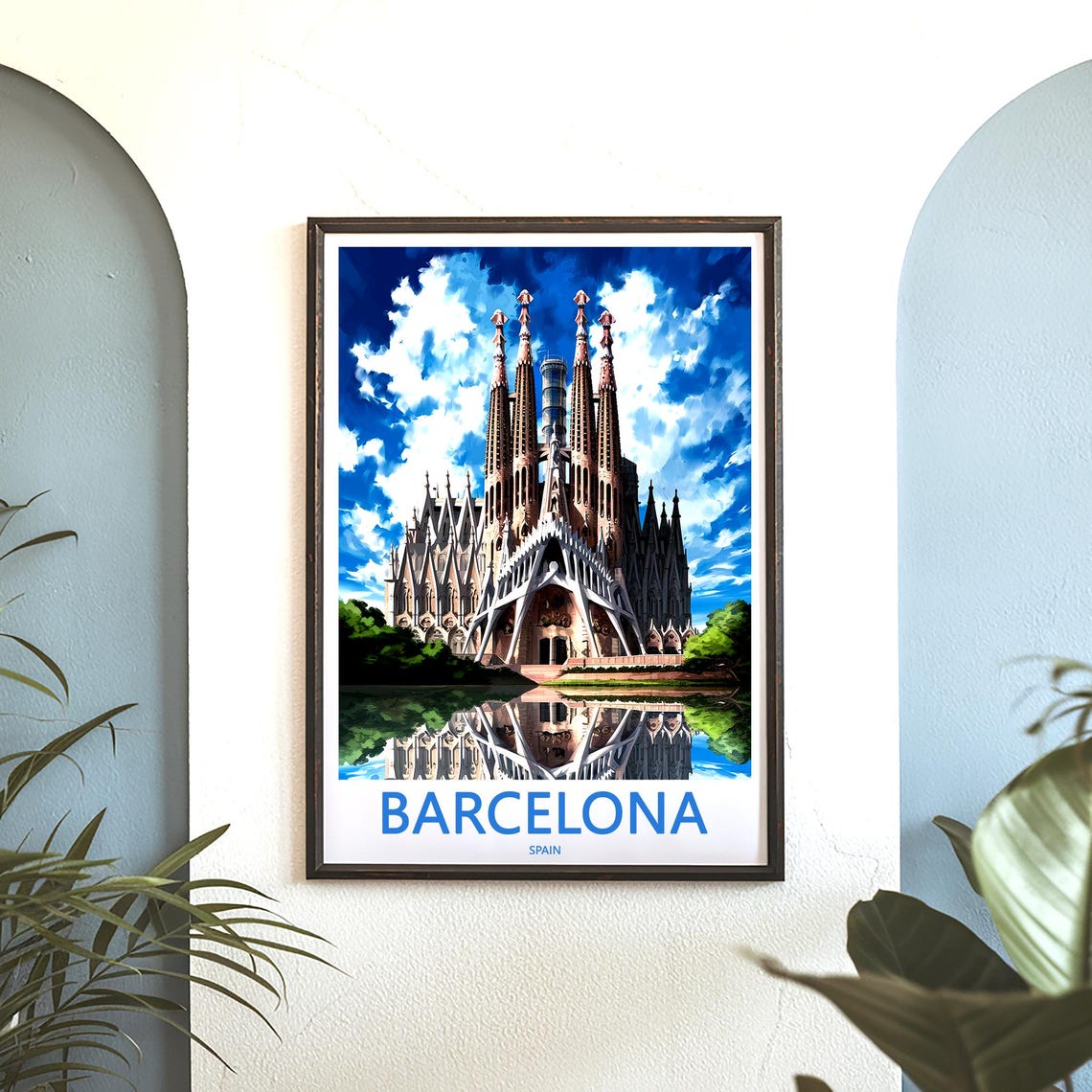 Barcelona Sagrada Familia Water Reflection Deep Blue Sky Travel Poster - Image 3