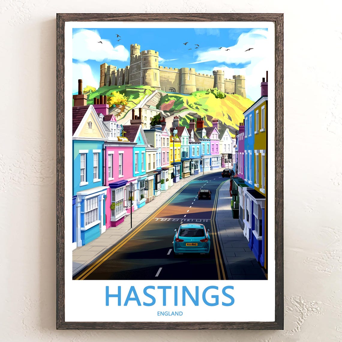 Hastings England Pastel Houses Street and Castle Hill Poster