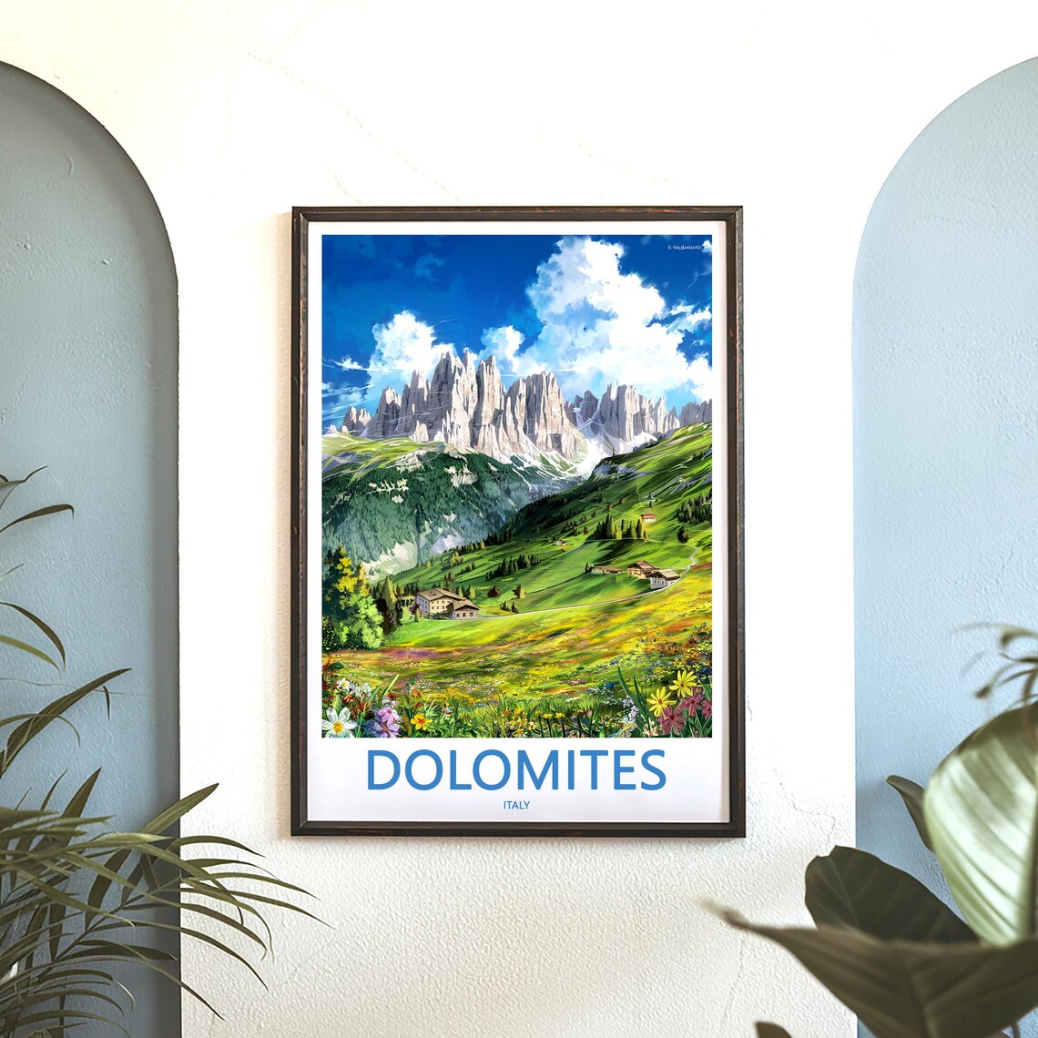 Dolomites Chalets among Colorful Wildflowers Italy Travel Poster - Image 3