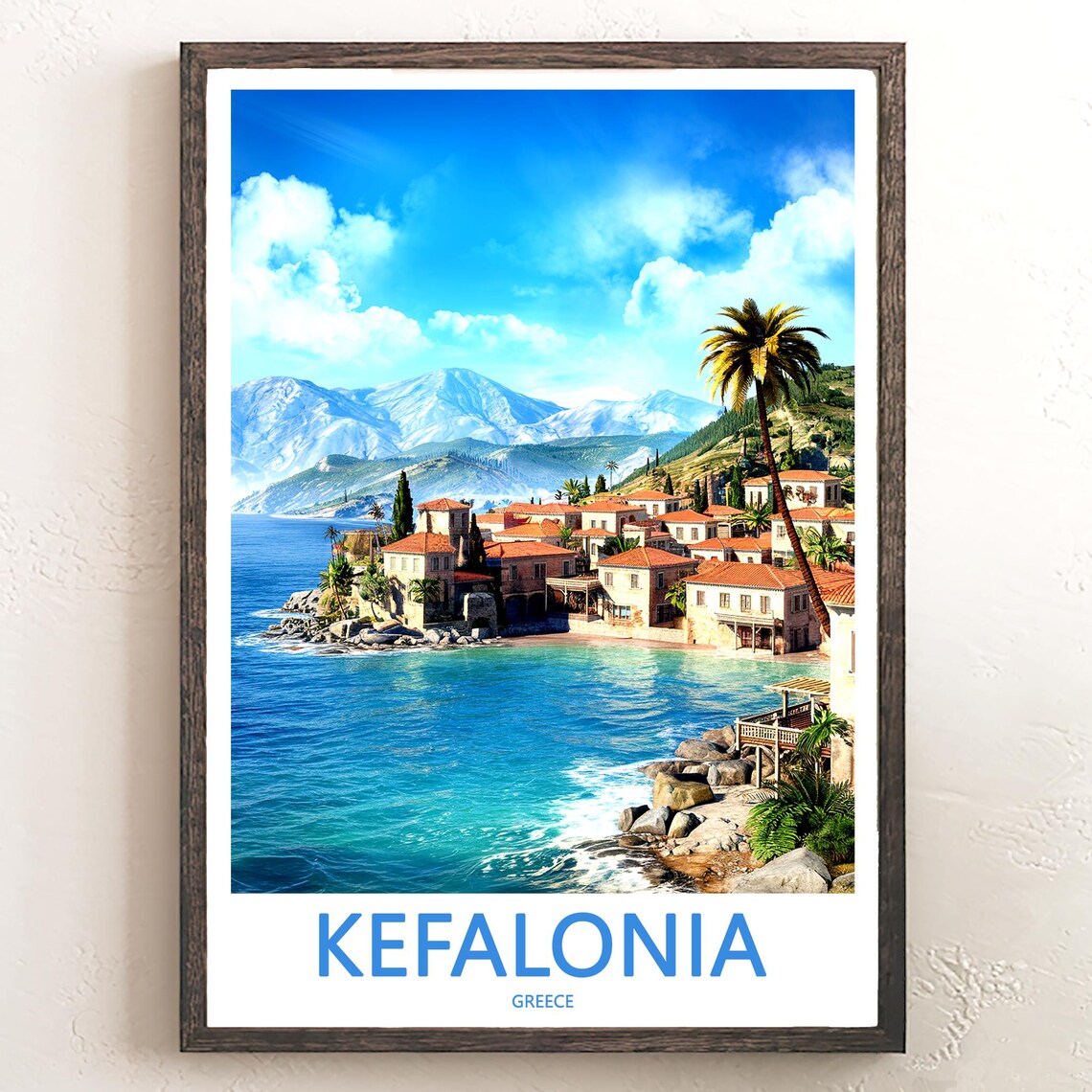 Kefalonia Greece Coastal Town Palm Trees Rocky Shore Photo Poster