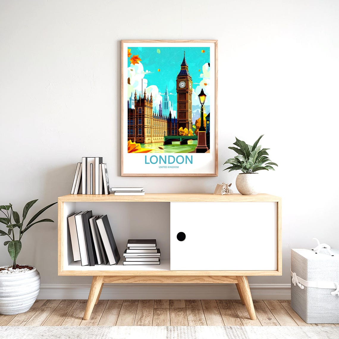 Big Ben Lamppost Riverside Autumn Evening Illustration Poster - Image 2