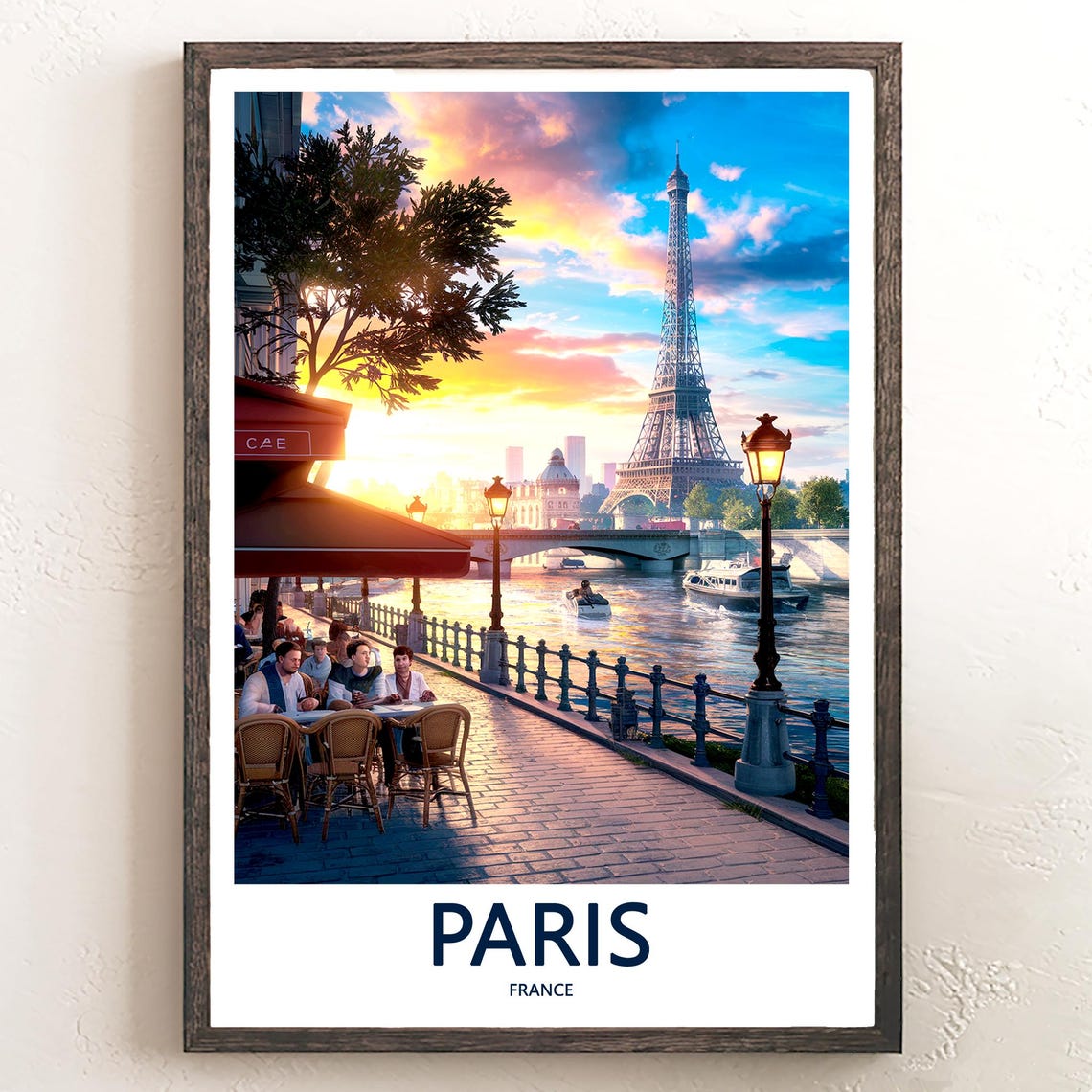 Seine Riverside Cafe at Sunset with Eiffel Tower and Tour Boats Poster