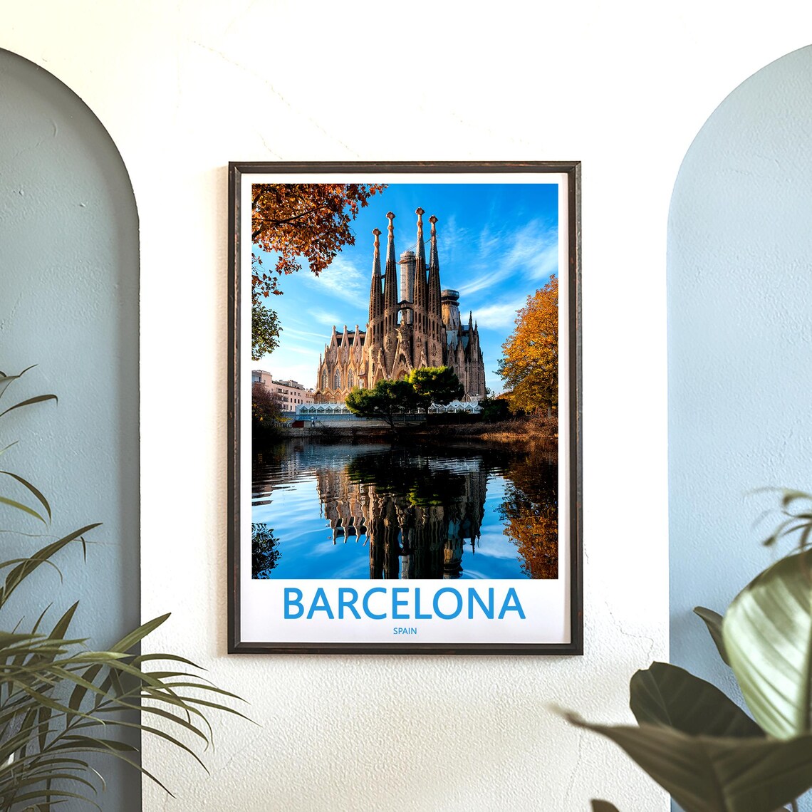 Barcelona Sagrada Família Golden Autumn Reflection Scene Poster - Image 3