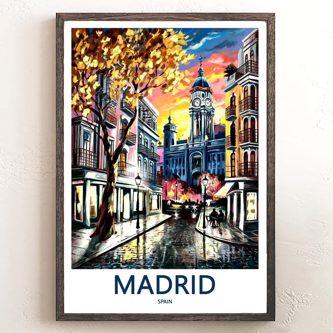 Madrid Golden Tree Cobblestone Street Sunset Painterly Poster