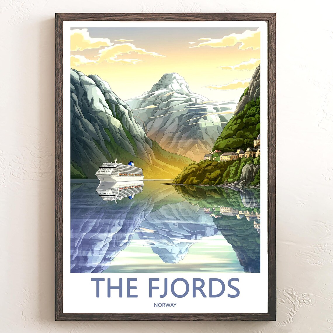 Norwegian Fjords Cruise Ship Among Cliffs Retro Travel Poster
