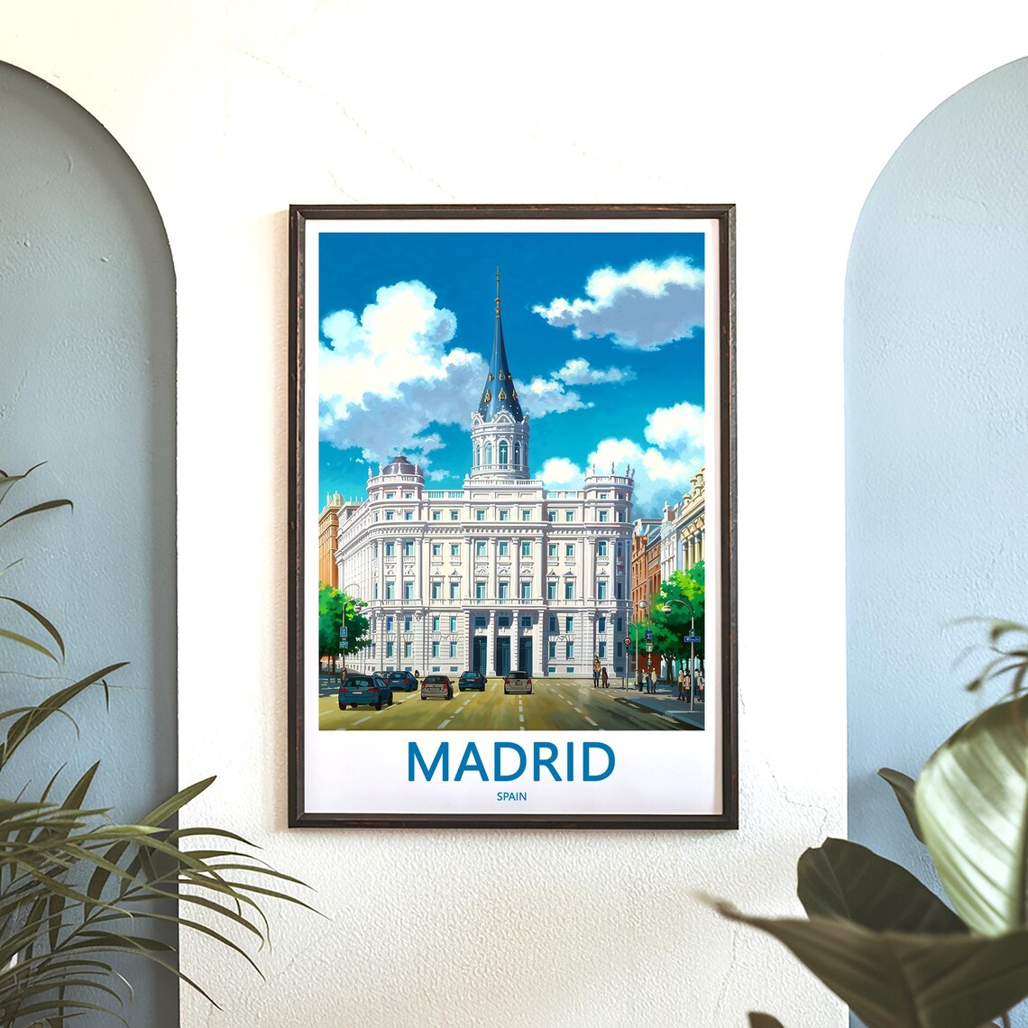 Madrid White Palace Blue Spire Downtown Street Scene View Poster - Image 3