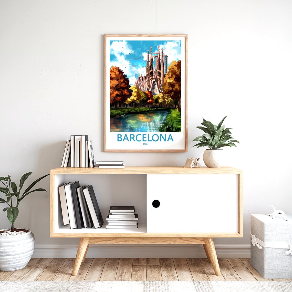 Barcelona Sagrada Família Painted River Autumn Scene Art Poster - Image 2