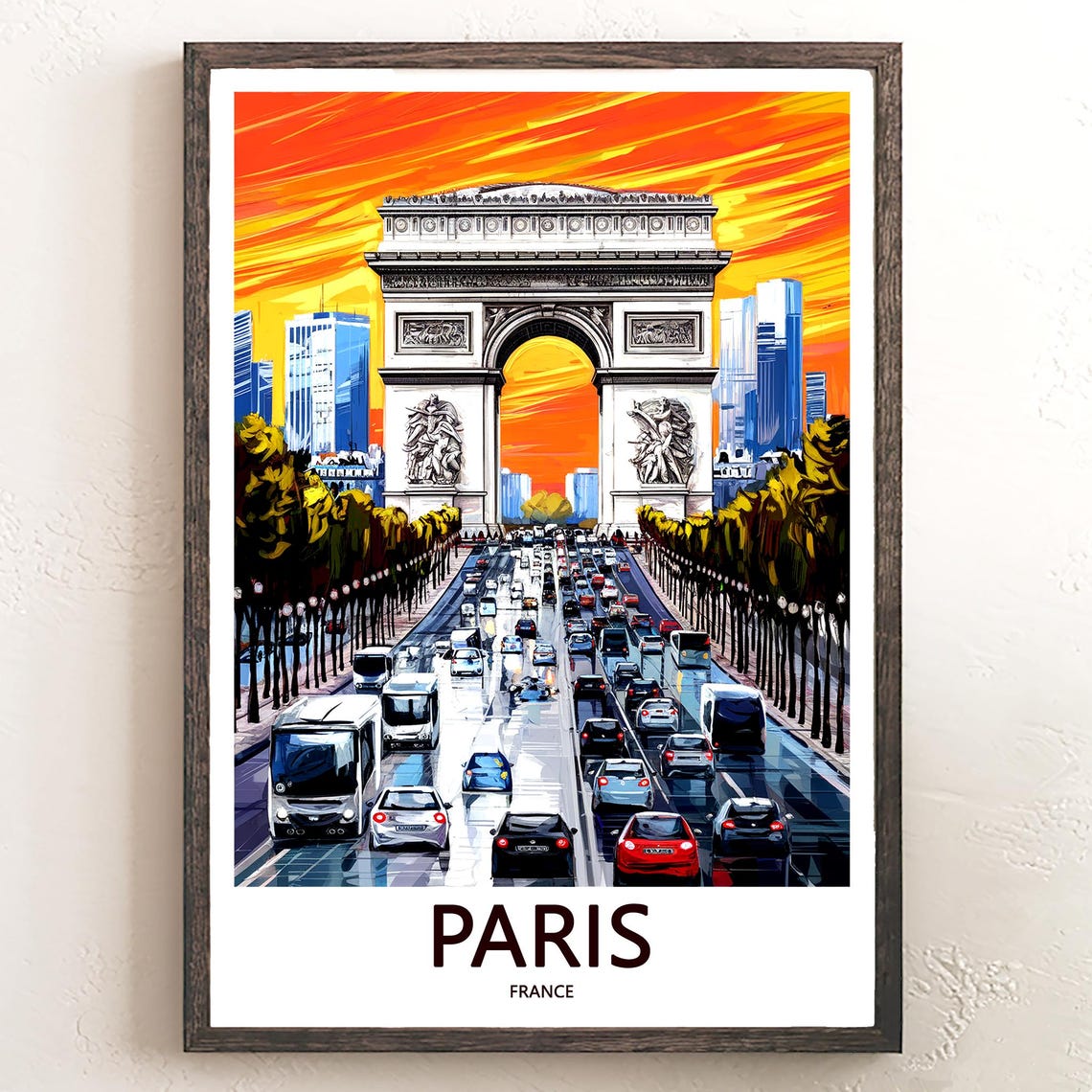 Paris Arc de Triomphe Fiery Sunset Rush Hour Traffic Art Poster