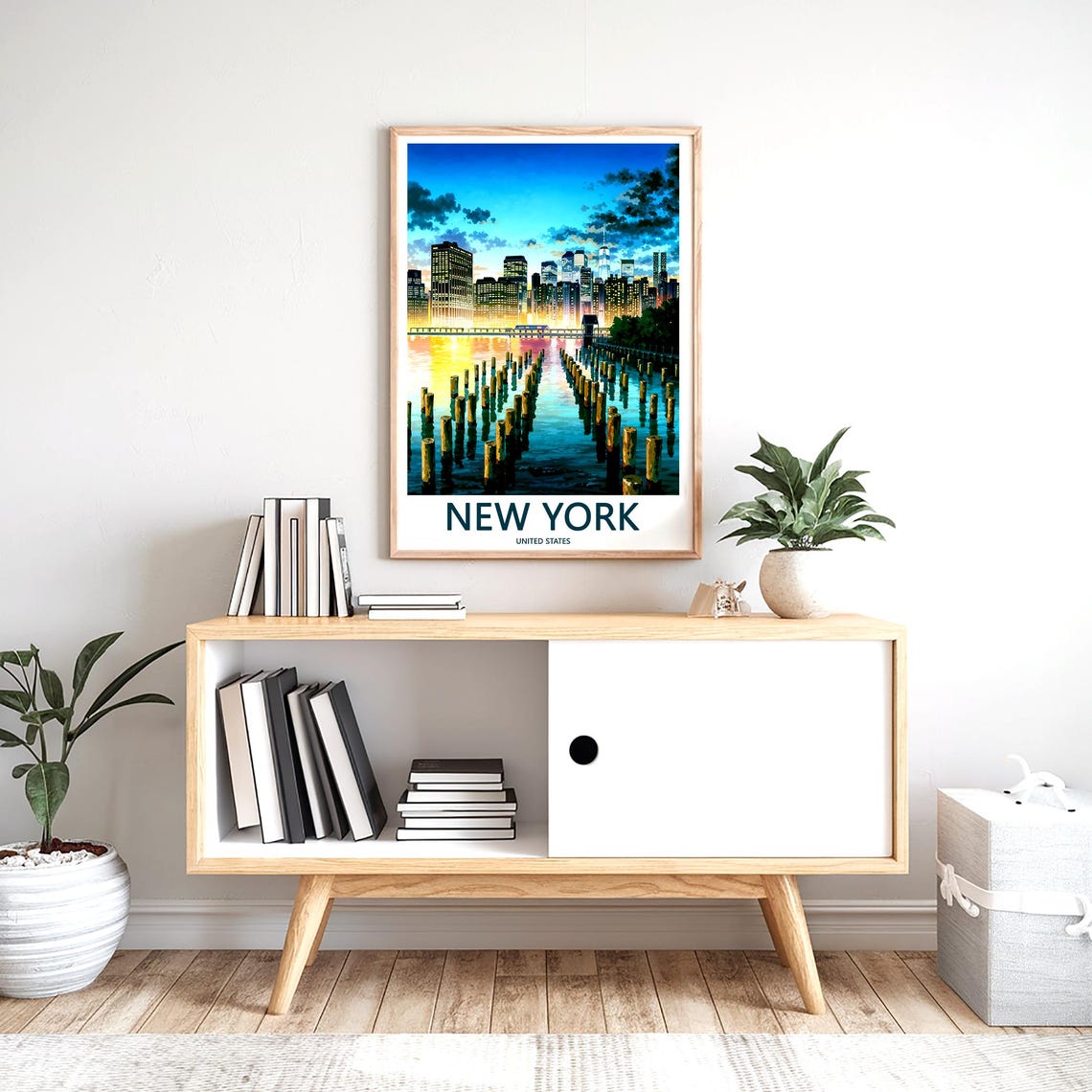 New York Manhattan Blue Hour Skyline Pier Lights Water Poster - Image 2