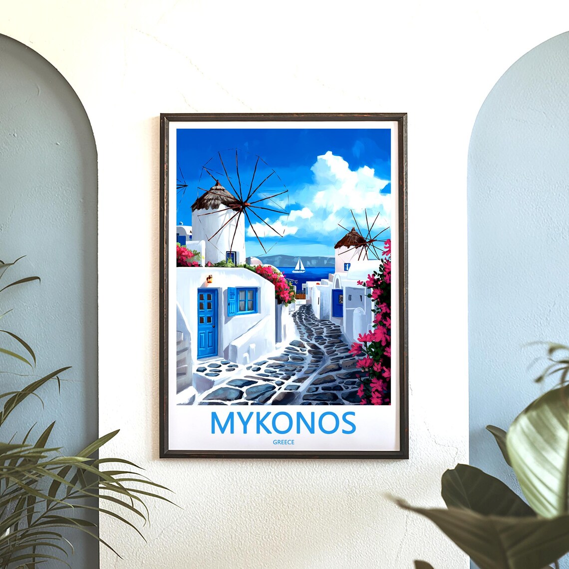 Mykonos Windmills Cobbled Street Bougainvillea Greece Art Poster - Image 3