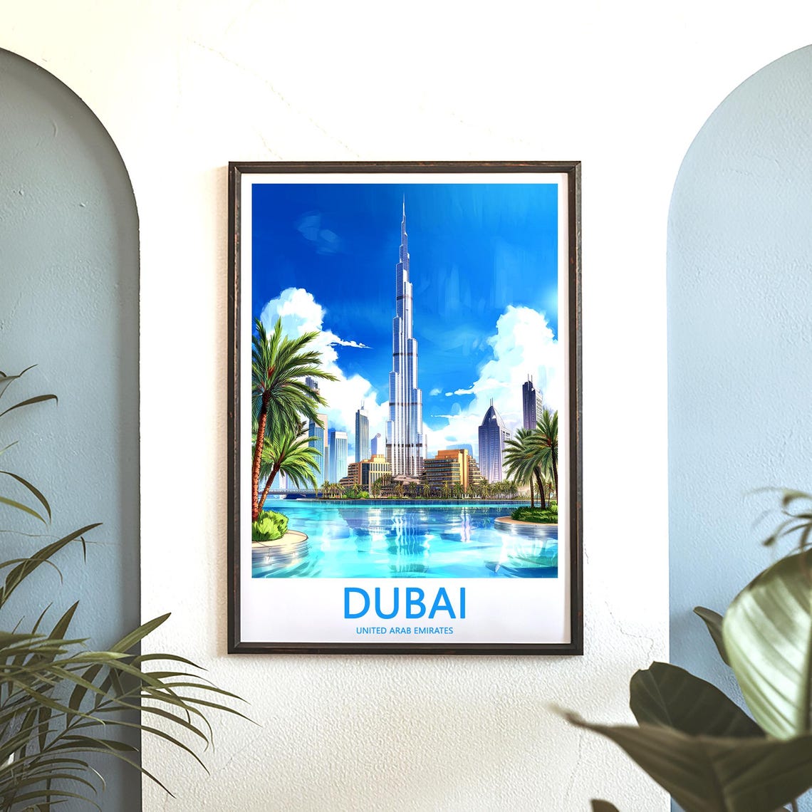 Dubai Burj Khalifa Fountain Lake Palm Trees Illustrated Poster - Image 3
