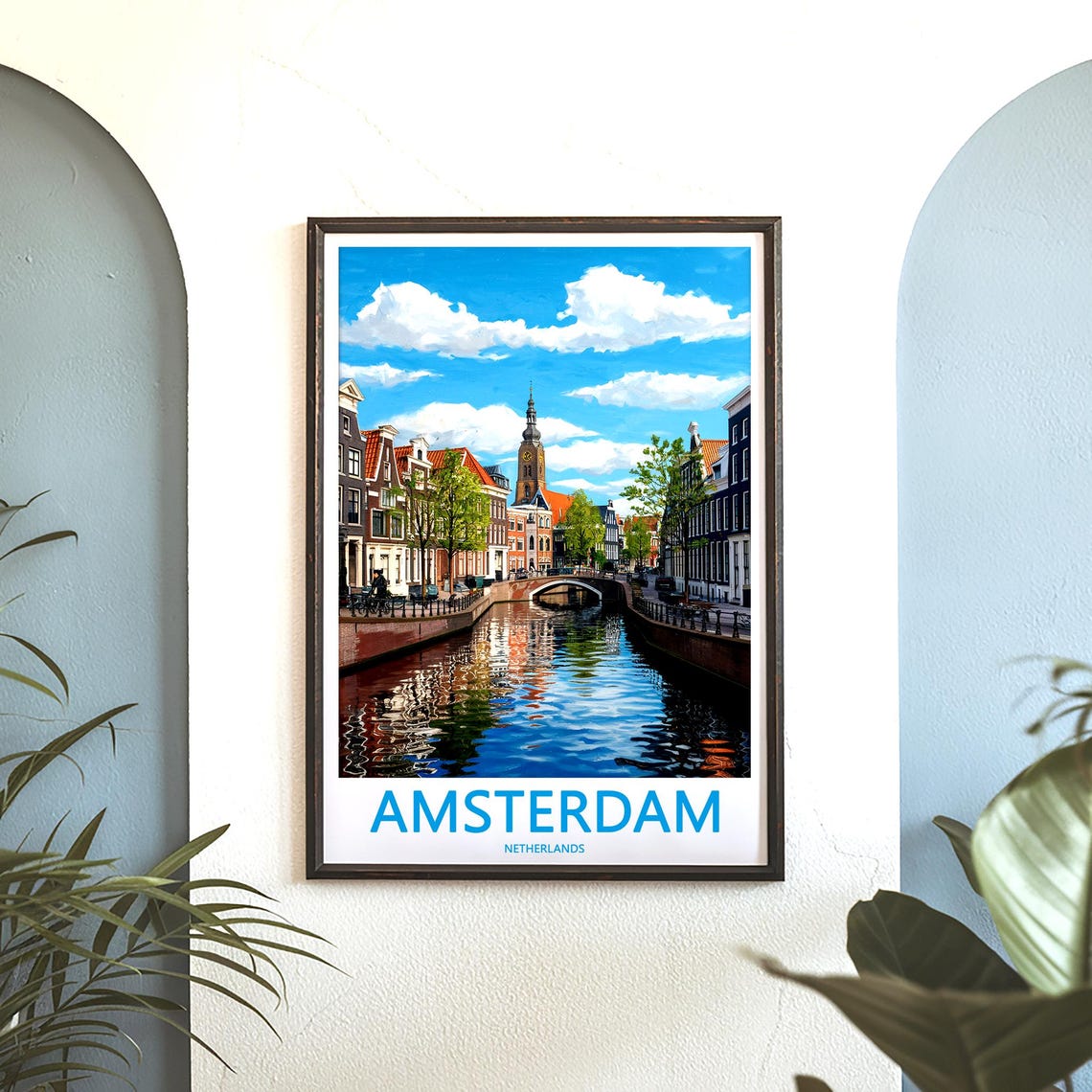 Amsterdam Canal Bridge and Church Tower Blue Sky Daytime Poster - Image 3