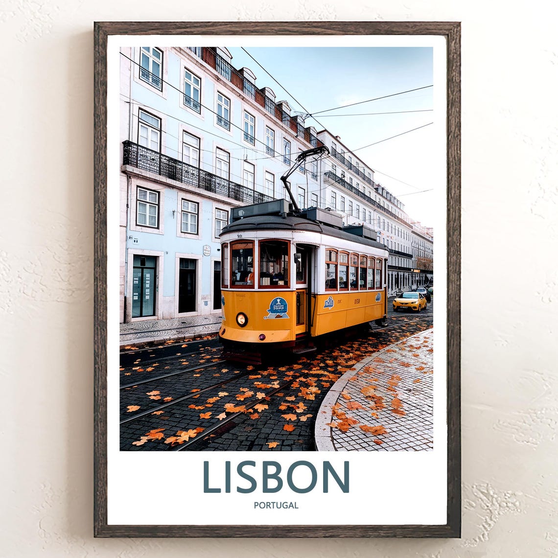 Lisbon Yellow Tram on a Leafy Autumn Street With Balconies Poster