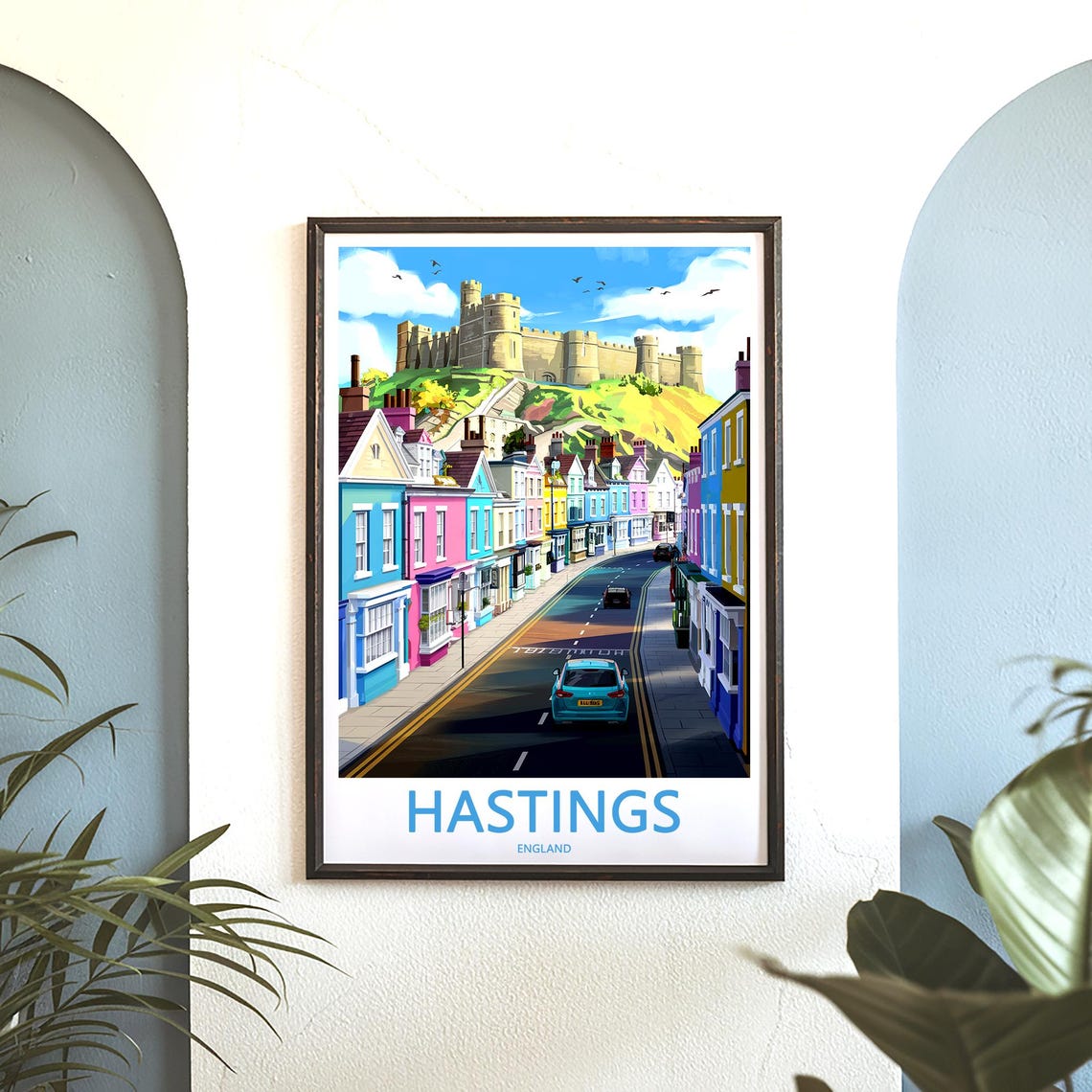 Hastings England Pastel Houses Street and Castle Hill Poster - Image 3