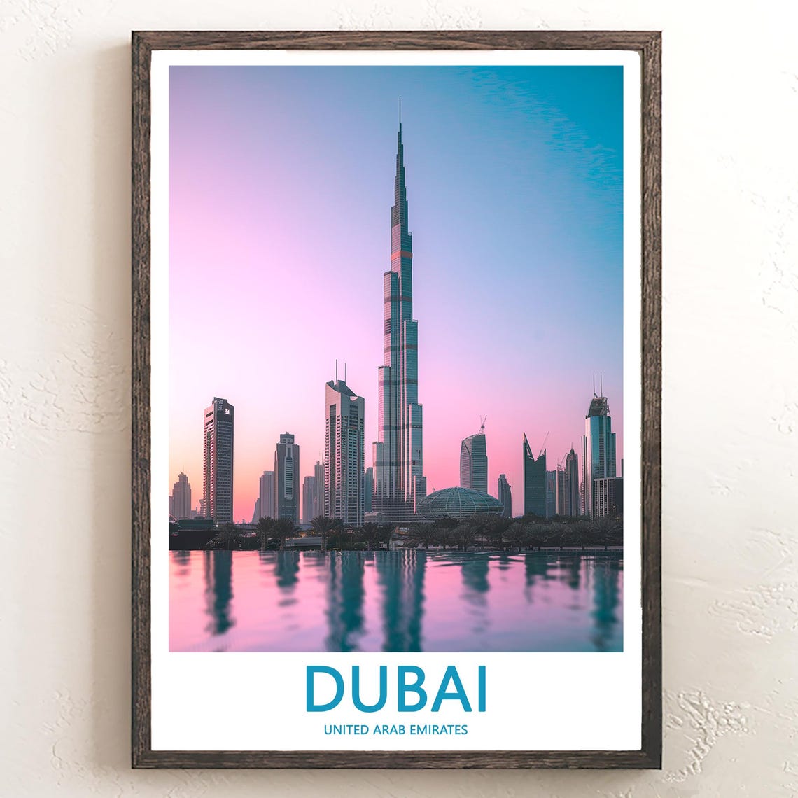 Dubai Burj Khalifa Pastel Sunrise with Lake Reflection Photo Poster