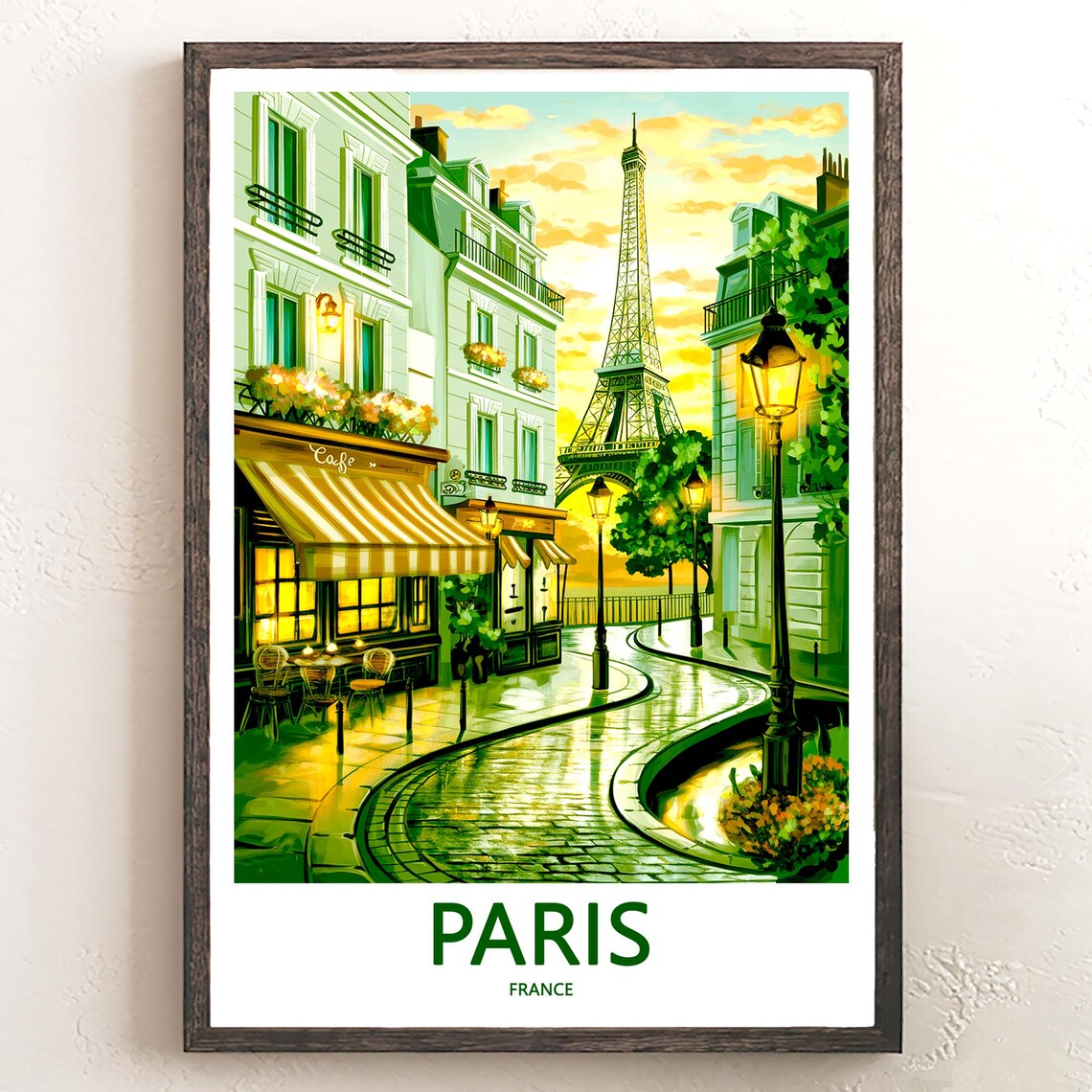 Eiffel Tower Green Cafe Street Rainy Dusk Illustrated Paris Poster