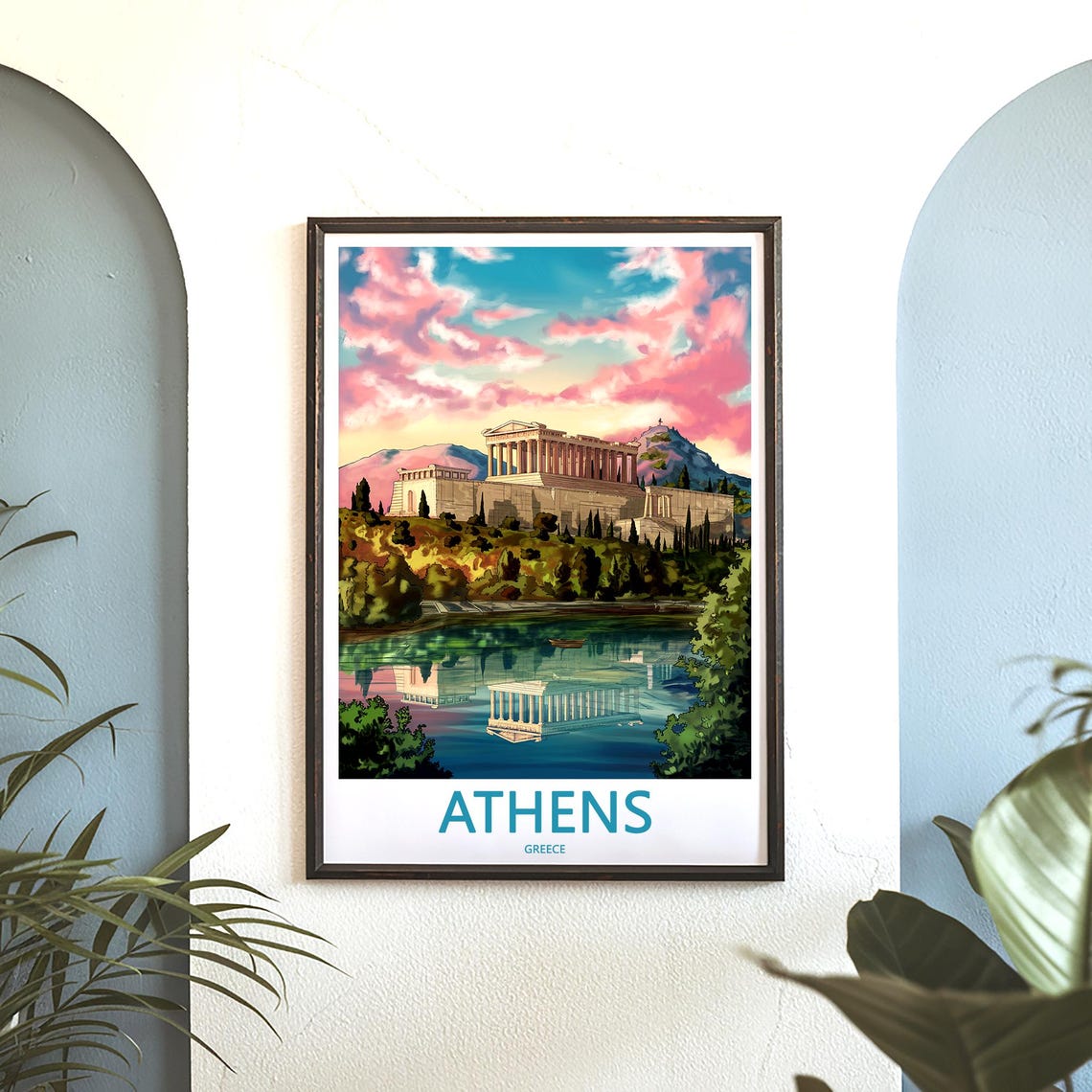 Athens Parthenon Lake Reflection Pink Clouds Illustrated Poster - Image 3