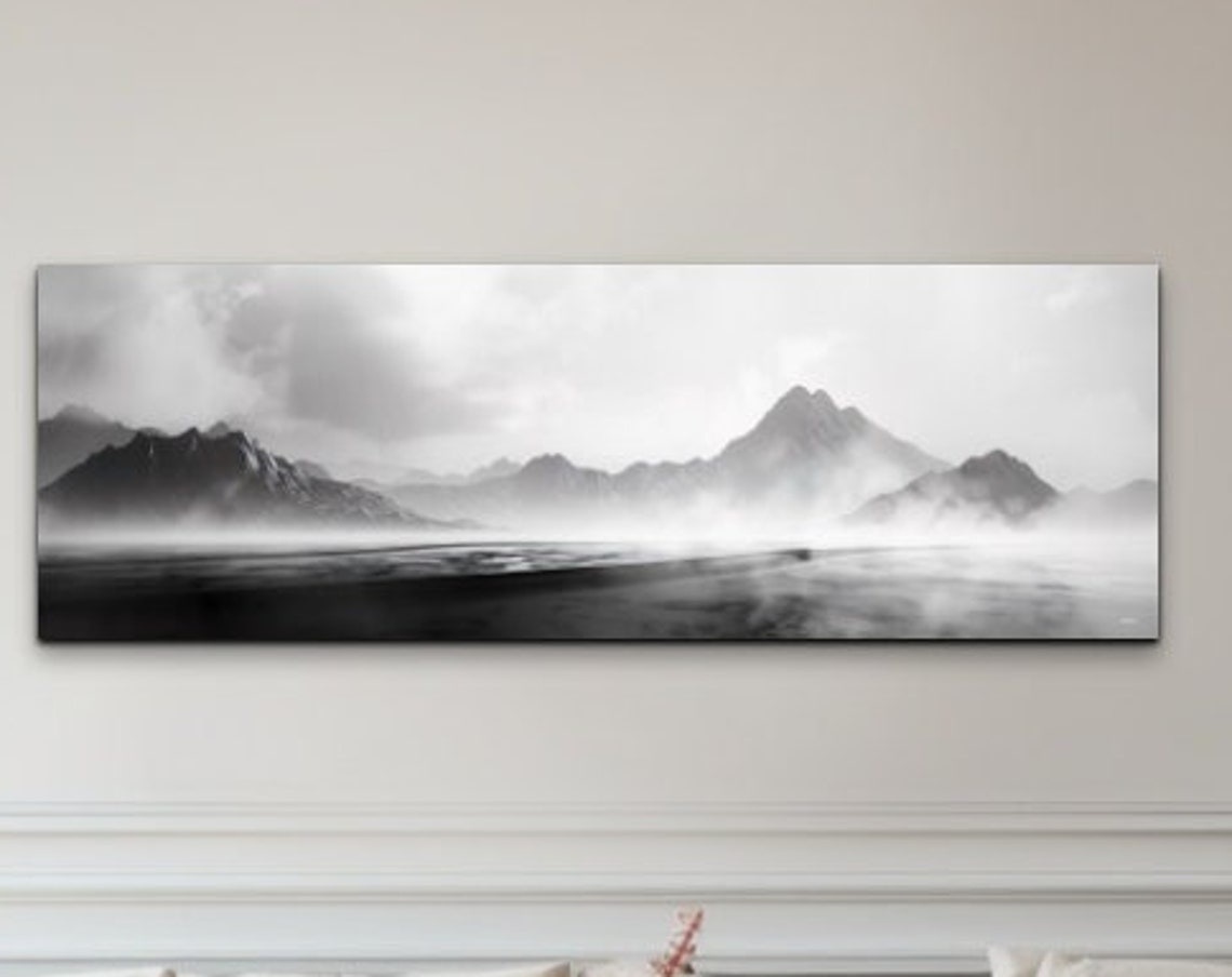 Black And White Moody Misty Mountains Over Still Water Poster