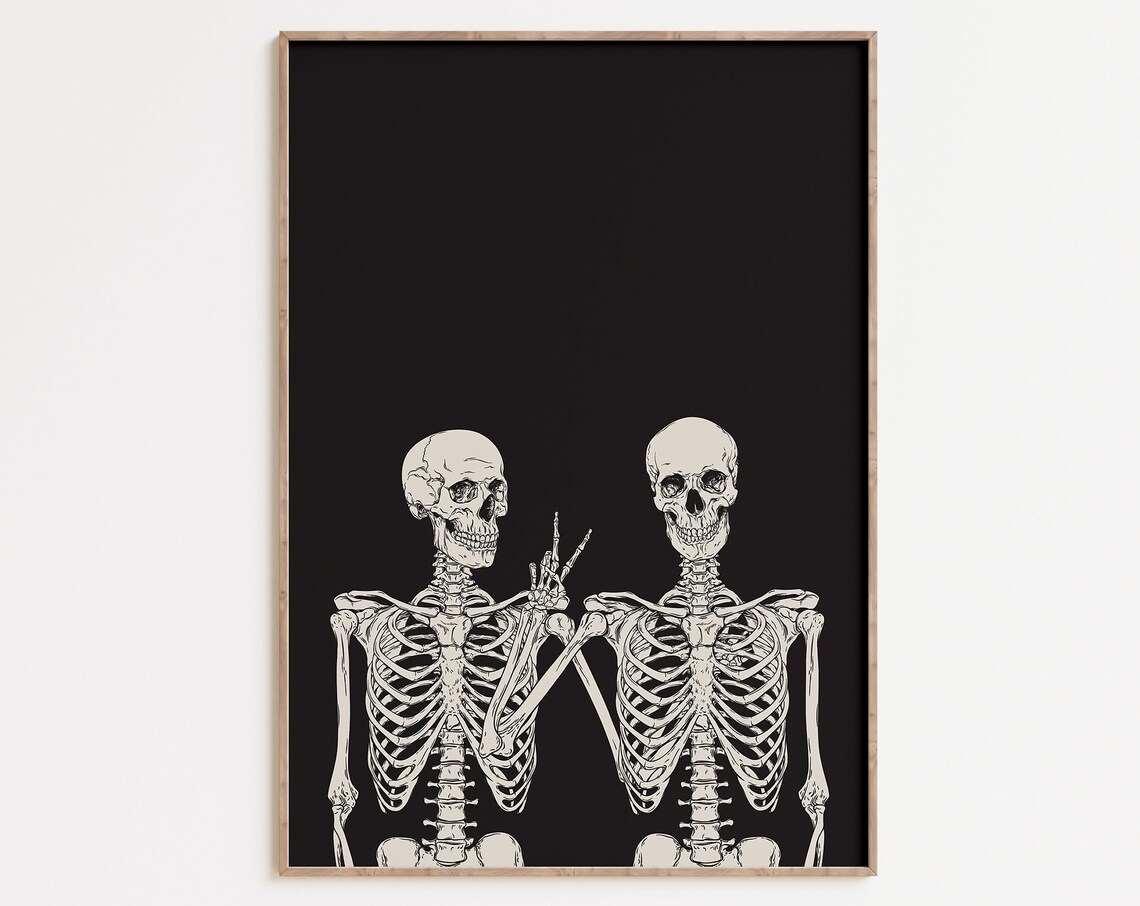 Two Skeletons Best Friends Peace Sign Funny Halloween Black Skull Wall Art Poster