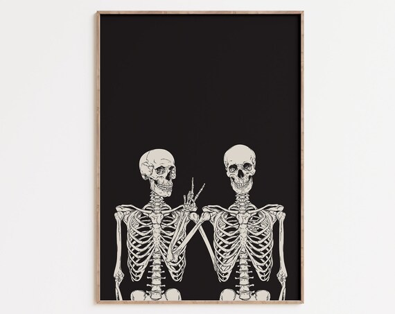 Two Skeletons Best Friends Peace Sign Funny Halloween Black Skull Wall Art Poster