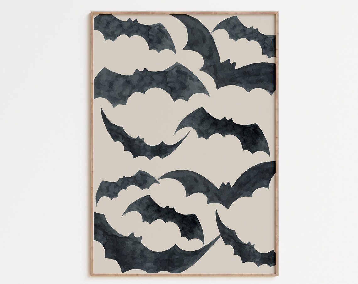 Flying Bats Watercolor Pattern Spooky Halloween Night Sky Wall Art