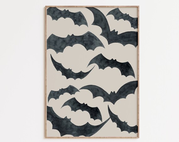 Flying Bats Watercolor Pattern Spooky Halloween Night Sky Wall Art