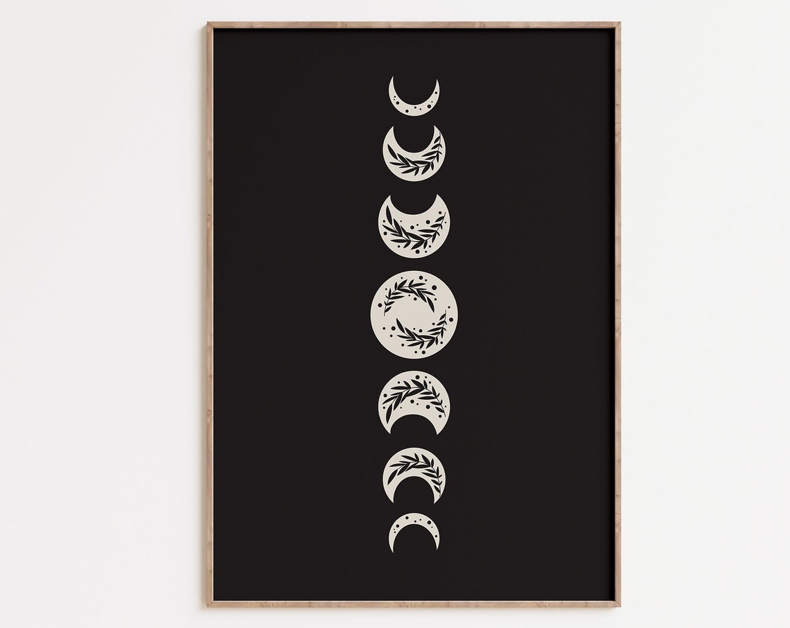 Black Moon Phases Lunar Cycle Botanical Boho Celestial Print