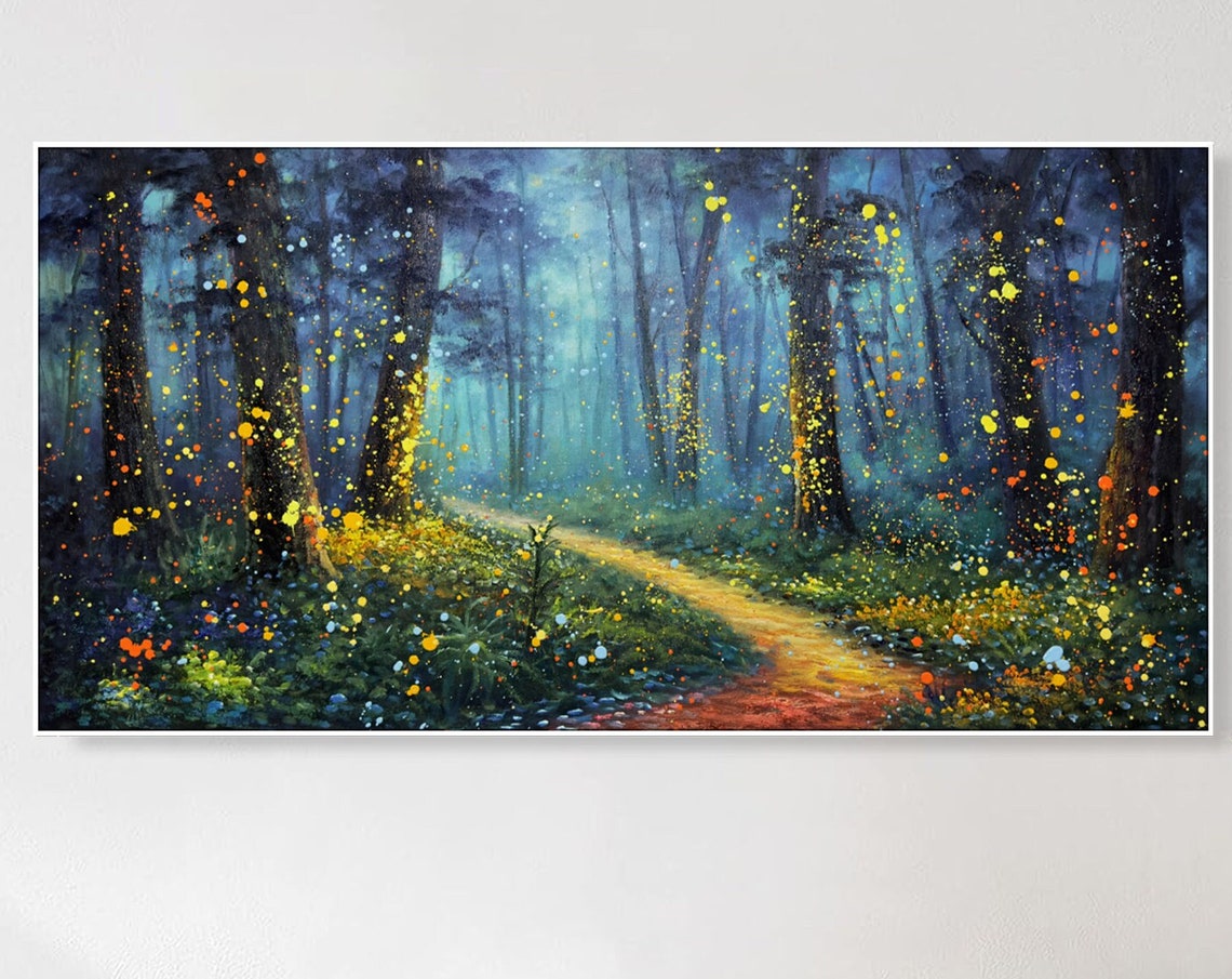 Firefly Forest Night Glowing Path Textured Oil Painting Travel Poster - Image 3