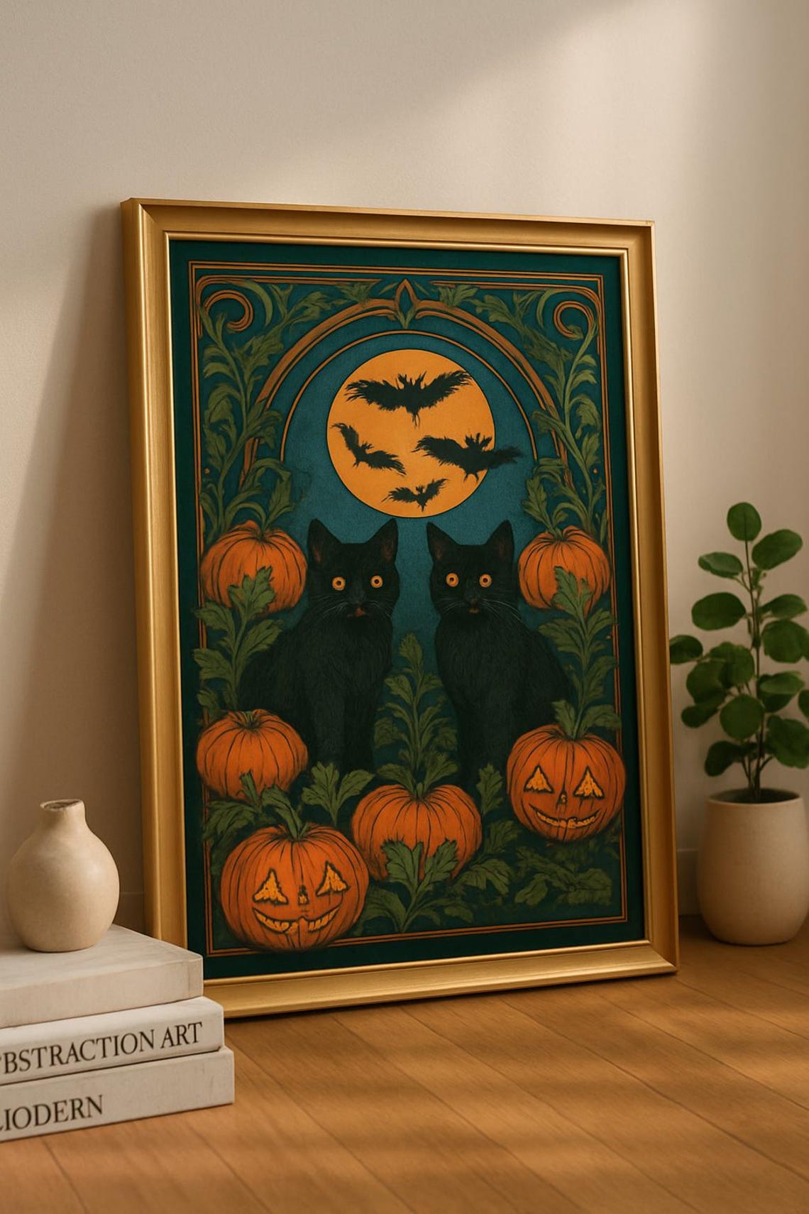 Vintage Halloween Poster Two Black Cats Pumpkins Bats And Full Moon