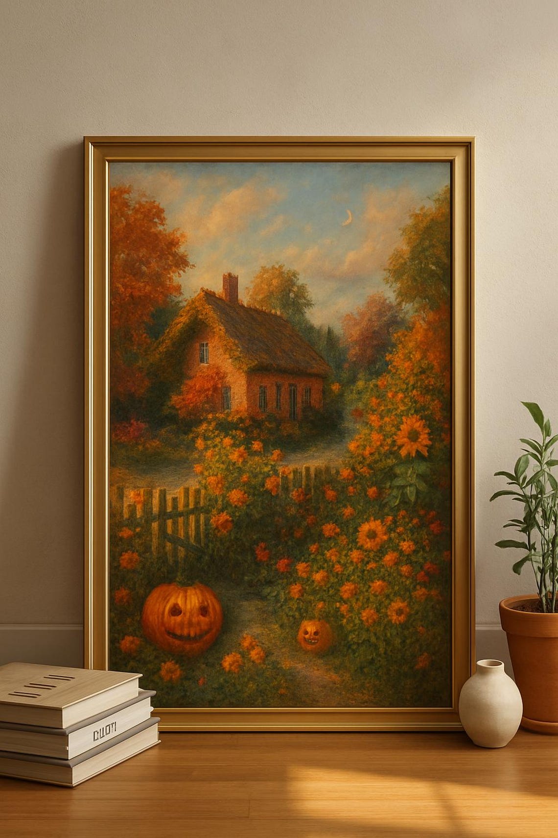 Thatched Cottage Autumn Garden Poster Jack O Lanterns And Blooms
