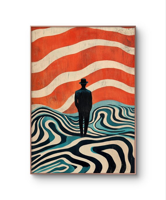 Man In Bowler Hat Facing Hypnotic Waves Surreal Orange Teal Poster