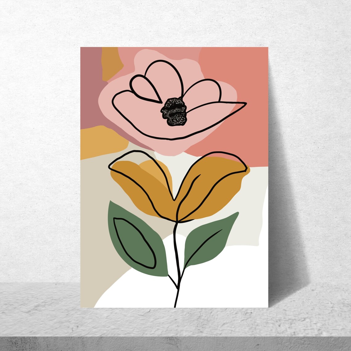 Abstract Pink Blossom and Mustard Tulip Line Art Floral Poster - Image 2