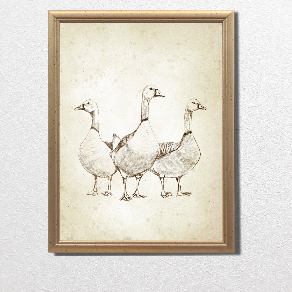 Three Geese Walking Vintage Pencil Sketch Farmhouse Bird Art Print