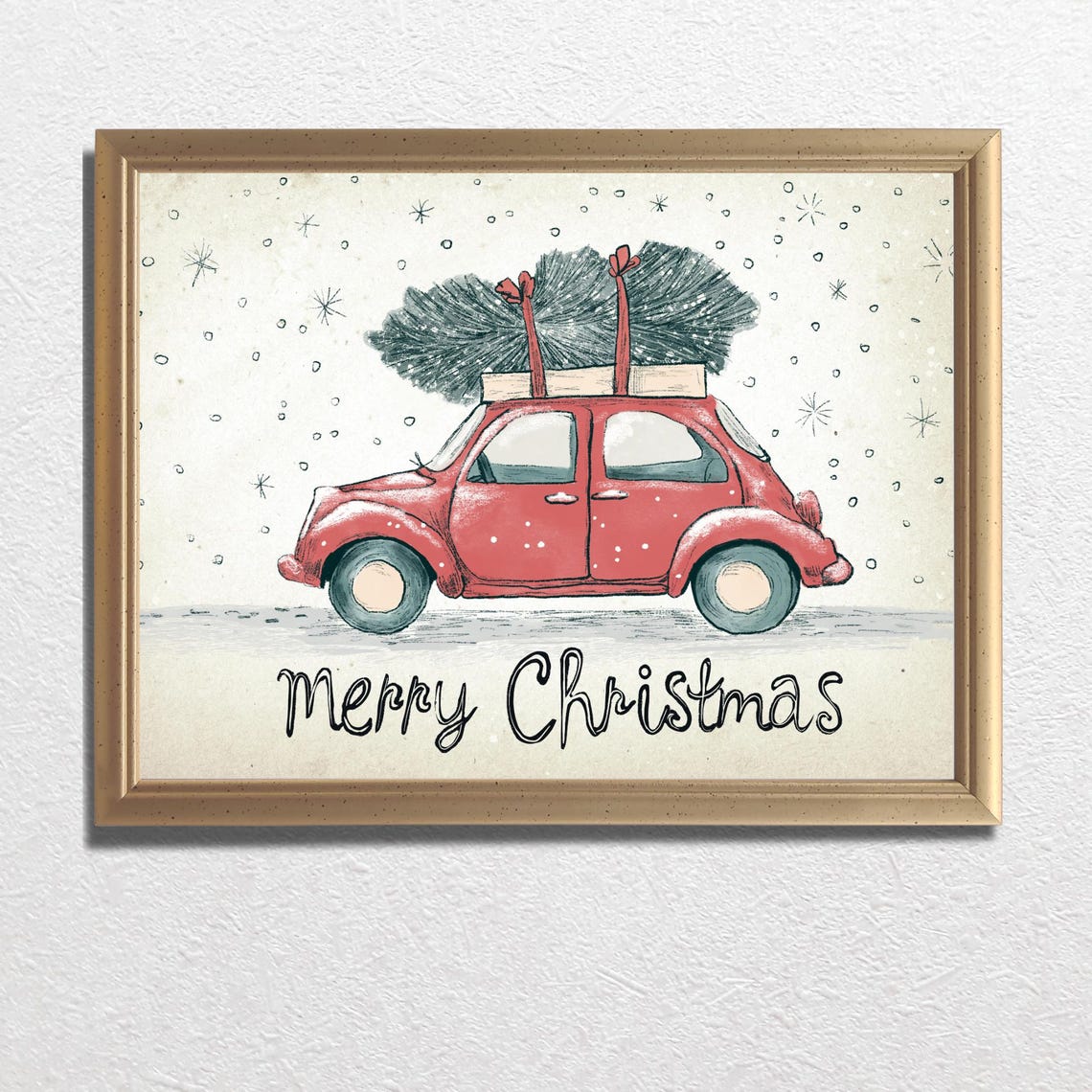 Red Vintage Car Carrying Christmas Tree Merry Christmas Print - Image 3