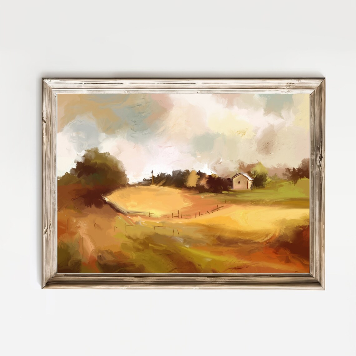 Golden Autumn Field With Farmhouse Rural Landscape Oil Painting Poster - Image 4