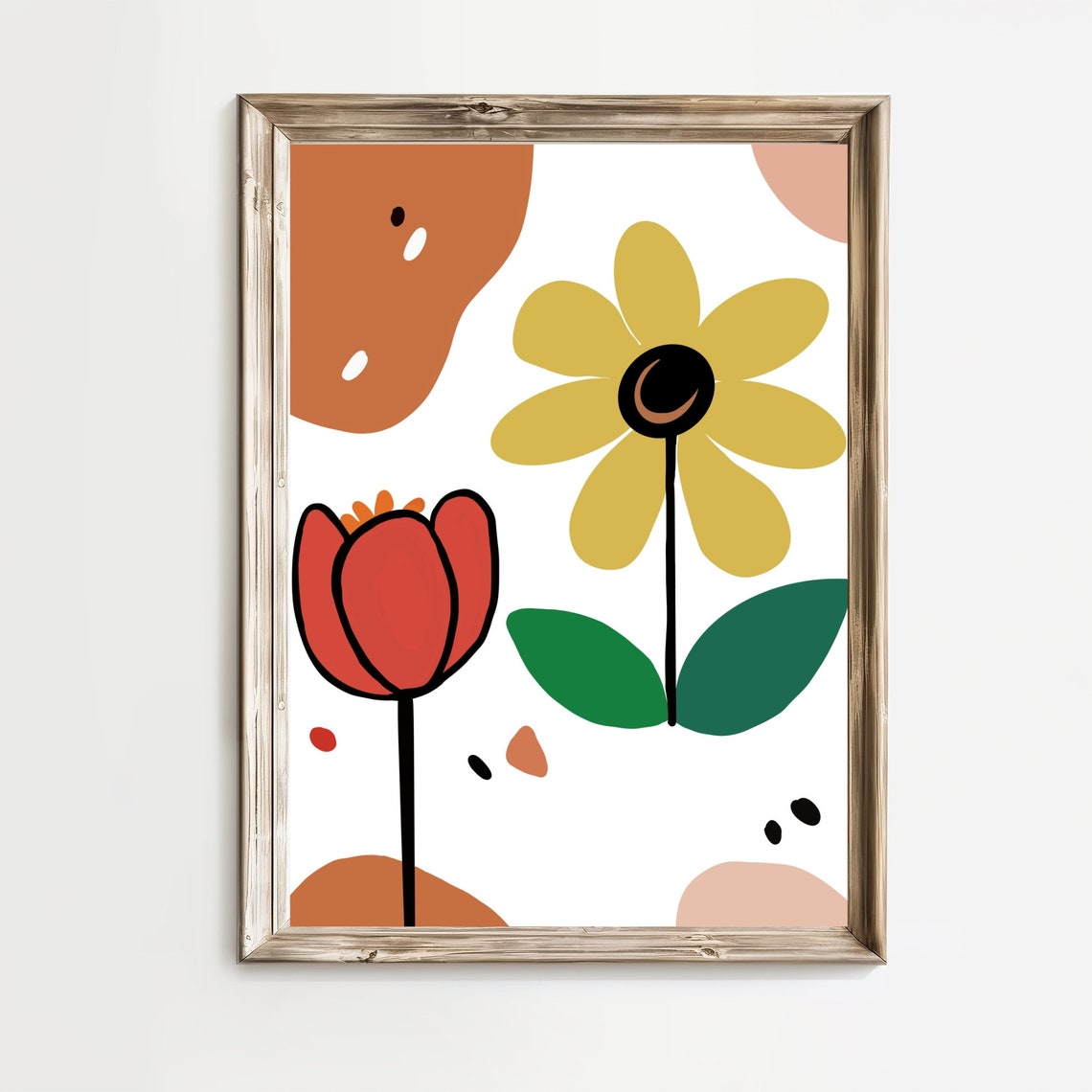 Abstract Red Tulip and Yellow Daisy Modern Floral Home Decor Print
