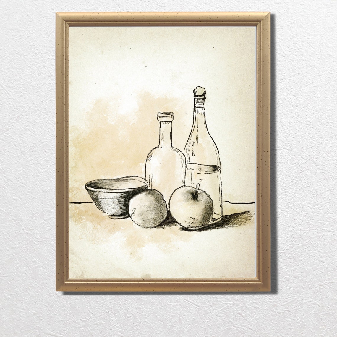 Vintage Still Life Ink Sketch Two Bottles Bowl Apples Kitchen Print - Image 2