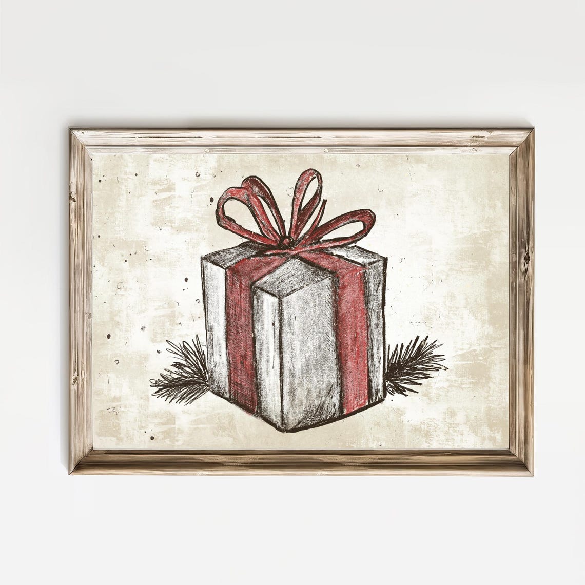 Wrapped Gift Box With Big Red Ribbon Bow Vintage Christmas Poster