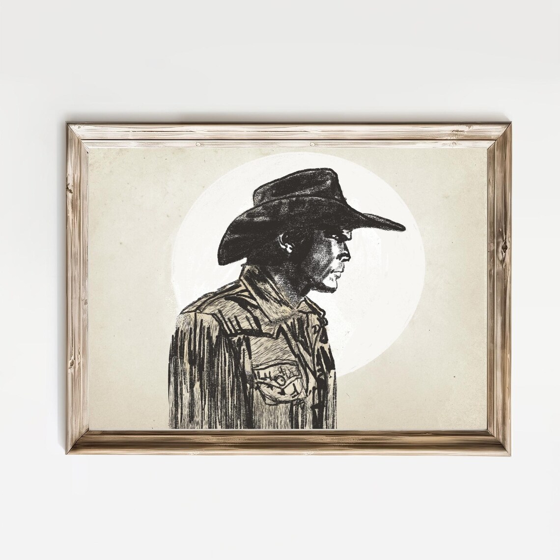Cowboy Profile Against the Moon in Vintage Western Art Poster