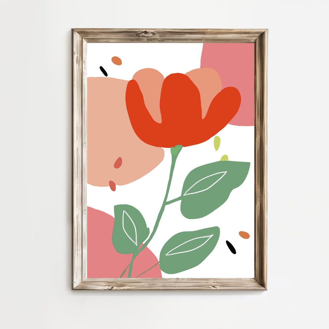 Bold Red-Orange Poppy Abstract Bloom Green Leaves Floral Poster